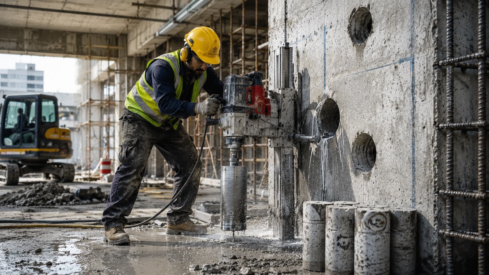 Technician diamond core drilling through a reinforced concrete wall on a UAE construction site