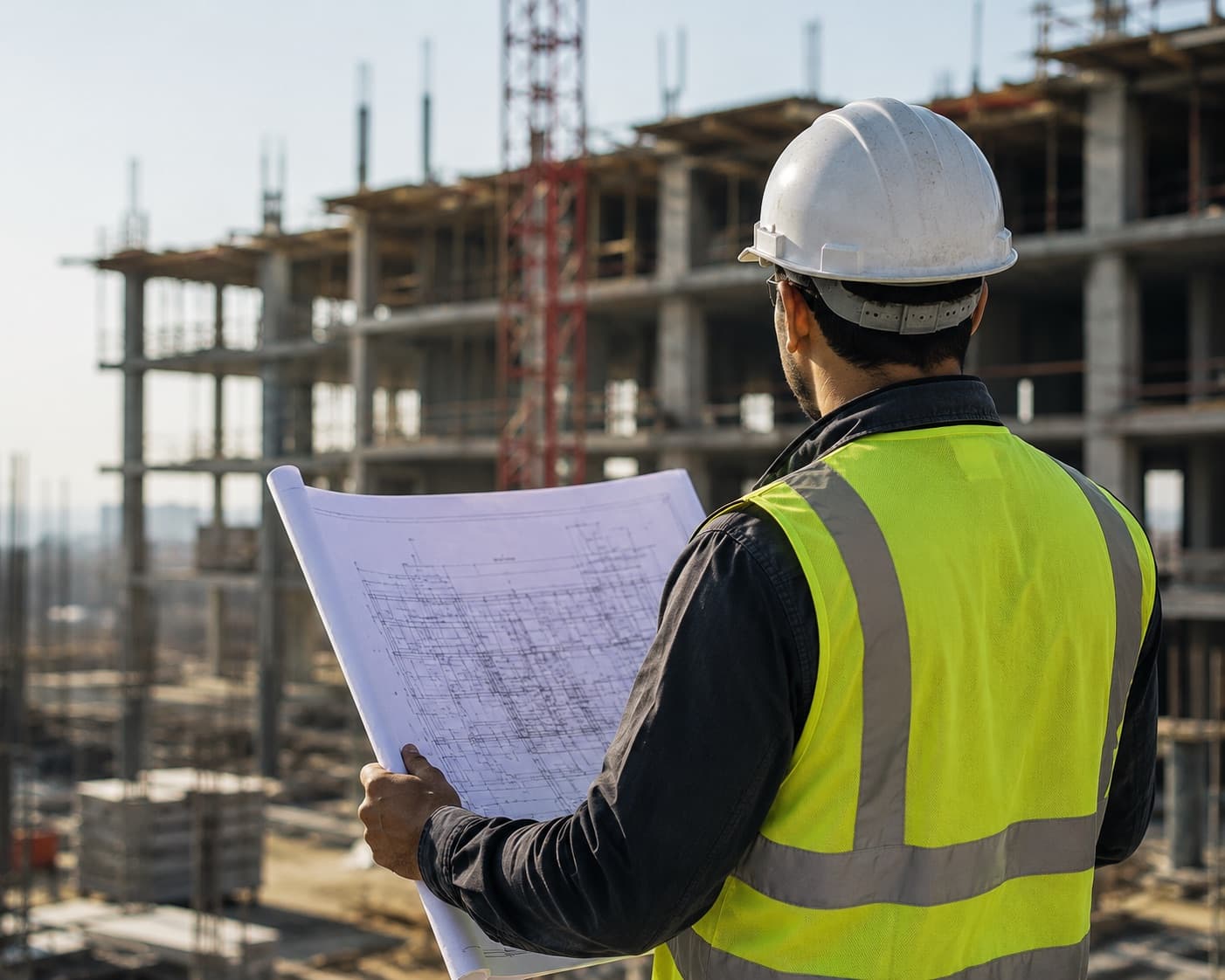 Construction project manager reviewing blueprints on site